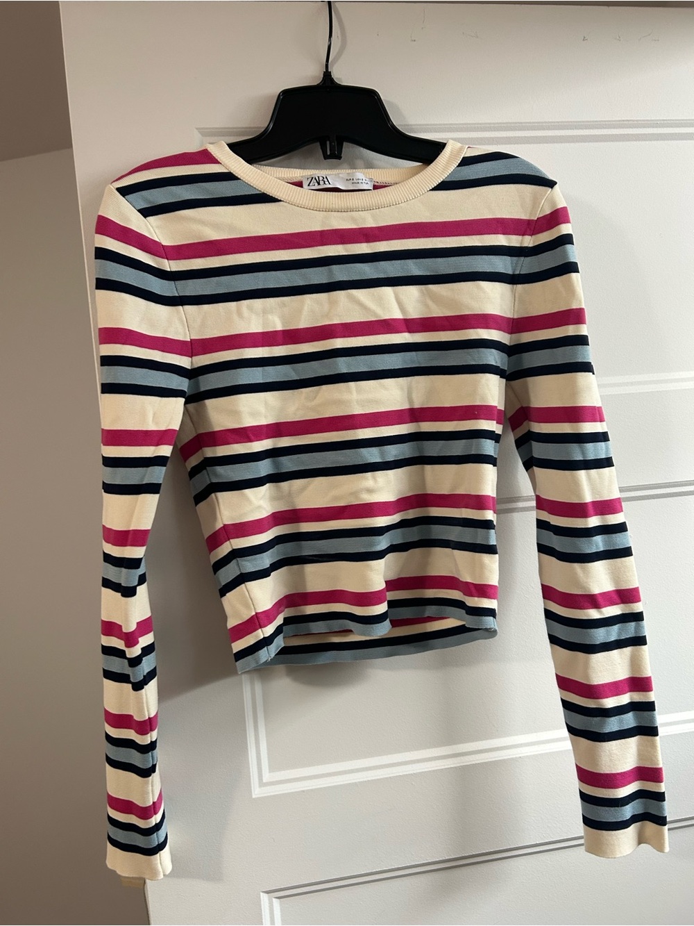 Zara Cream, Navy & Magenta Striped Long-Sleeve Crop Top
